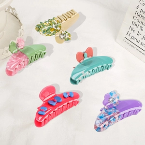 Acetate Flower Hair Claw Clip Large Marble Splicing Bow Rhinestone Shark Clip For Women Elegant Hair Styling Accessories