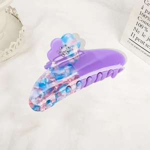 Acetate flower hair claw clip with purple marble pattern and sparkling rhinestones
