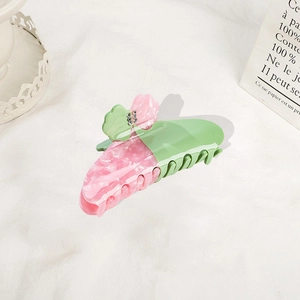 Pink marble and green tulip flower hair claw clip with rhinestones on white faux fur