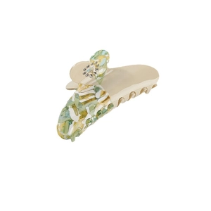 Acetate flower hair claw clip with rhinestones and beige resin shark clip design
