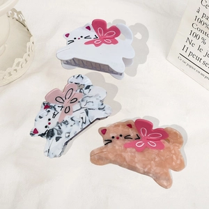 Pinces à cheveux chat avec nœuds roses en acétate blanc et marbré pour femmes