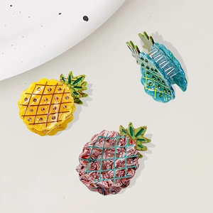 Pineapple acetate hair claws with rhinestones and grid pattern in yellow blue and pink
