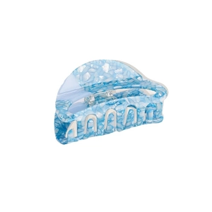 Semicircle acetate hair claw clip with blue and white marble texture on white background
