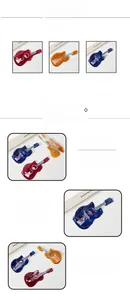 Close-up of guitar-shaped hair claws in marble patterns of red, orange and blue