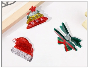 Détails des pinces à cheveux scintillantes en forme de sapin de Noël, bonnet et nœud rouge