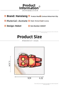 Detail showing red robot hair claw clip dimensions of nine cm length and five cm height