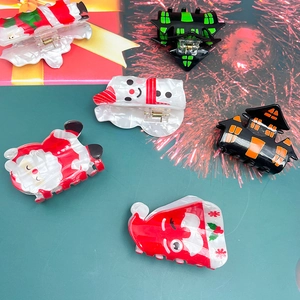 Festive Christmas Halloween Acrylic Hair Claw Santa Claus Snowman Ghost House Pattern Cartoon Hair Clip For Women Holiday Party Decoration