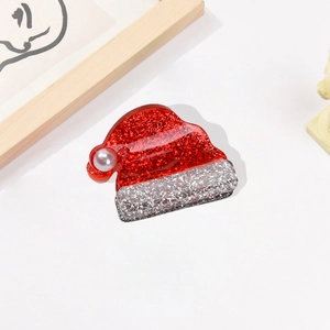 Pince à cheveux bonnet de Noël rouge scintillant avec paillettes argentées et perle