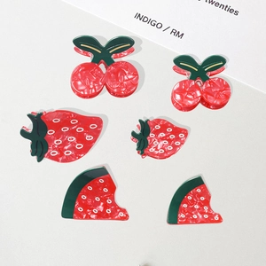 Cute fruit hair clips set featuring cherry, strawberry, and watermelon patterns in red acrylic