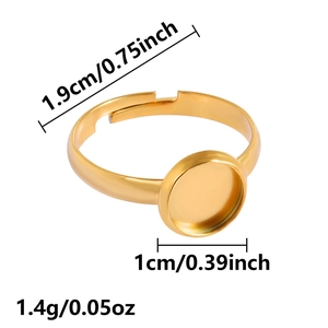 Macro detail of adjustable gold stainless steel ring blank with 1cm tray for DIY jewelry