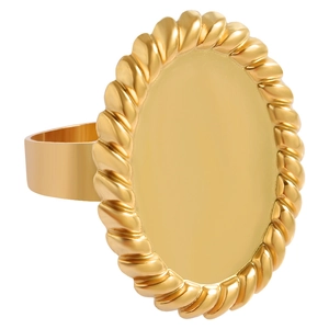 Minimalist gold stainless steel ring with oval signet face and braided rope texture edge