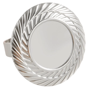 Close-up of stainless steel blank ring base with spiral textured edges and polished center