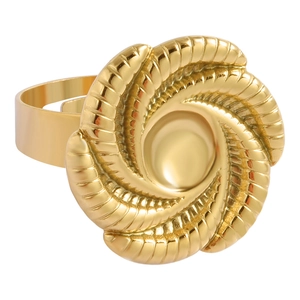Verstellbarer goldener Edelstahlring mit großem Spiralblumen-Relief und Seilstruktur