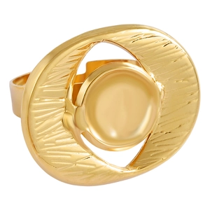 Exaggerated gold stainless steel open ring with brushed oval and smooth disc center