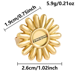 Dimensions de la bague tournesol dorée indiquant poids 5,9g et diamètre 2,6cm sur blanc