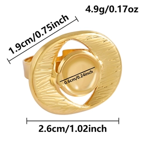 Detail view of irregular gold oval ring with brushed texture and exact dimensions
