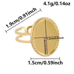 Detailed size specifications of an adjustable gold stainless steel ring setting with oval tray