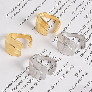 Stainless Steel Leaf Shaped Open Ring For Women Men Adjustable Minimalist Nature Style Leaf Textured Finger Ring Jewelry