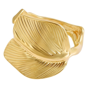 Minimalist golden leaf open ring with detailed vein textures and polished finish