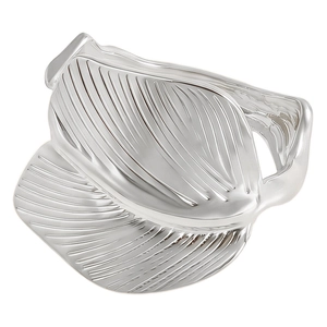 Close-up of silver leaf ring featuring detailed vein textures on a polished metal band