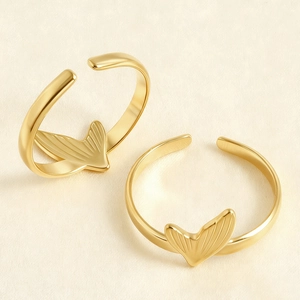 Polished 18K gold plated stainless steel fishtail open rings for men and women