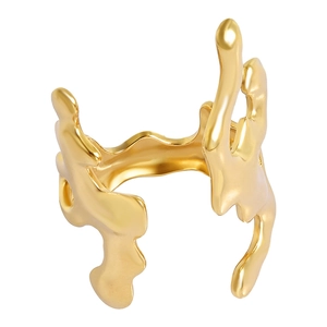 Irregular liquid coral pattern open ring in polished gold stainless steel for women