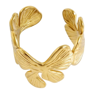 Polished golden stainless steel open bangle featuring layered ginkgo leaf design elements