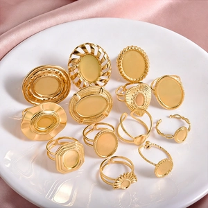 Adjustable gold stainless steel DIY ring blanks set with various geometric bezel settings