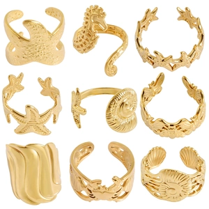 304 Stainless Steel Ocean Theme Adjustable Ring Minimalist Starfish Seahorse Crab Shell Conch Finger Ring Beach Jewelry