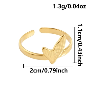 Detailed view of gold fishtail ring with 18K plating and adjustable sizing dimensions