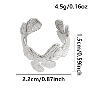 Detailed view of silver butterfly leaf ring showing 1.5cm height and 4.5g weight specs