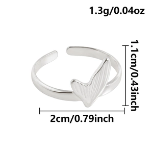 Detail view of silver fishtail open ring showing size dimensions and weight specs