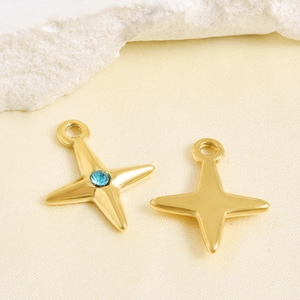 Detail of gold-plated star pendants with light blue rhinestone and smooth polished back