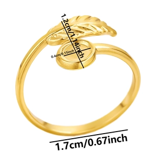 Detailed view of leaf-shaped golden ring base with round blank setting and size dimensions
