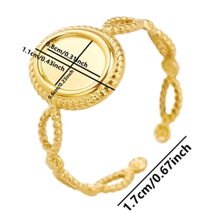 Detailed view of gold braided ring blank with 8mm round bezel setting and size measurements