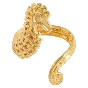 Golden seahorse shaped open ring with detailed scales and nautical beach style for women