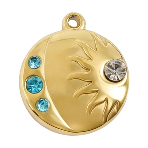Polished 18k gold plated stainless steel sun and moon pendant with blue cubic zirconia