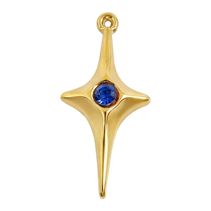 Polished gold stainless steel star pendant with a faceted deep blue gemstone center