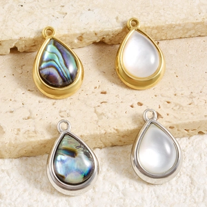 Detailed view of teardrop pendants in gold and silver with iridescent abalone and pearl
