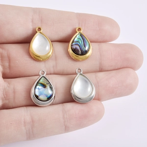 Teardrop stainless steel pendants with mother of pearl and abalone shell in gold and silver