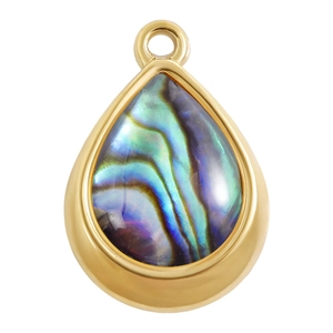 Macro detail of teardrop pendant with golden frame and iridescent abalone shell inlay