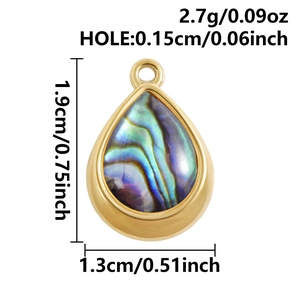 Detailed view of teardrop abalone shell pendant with weight and size specifications