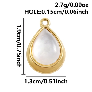 Detailed view of teardrop pendant with white shell and gold frame including dimensions