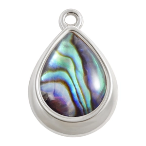 Macro shot of stainless steel teardrop pendant with iridescent natural abalone shell inlay