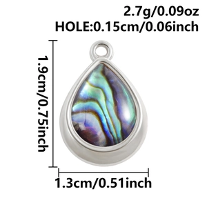 Detail view of teardrop stainless steel pendant with colorful abalone shell inlay