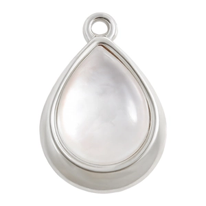 Detailed macro view of silver teardrop pendant with iridescent white mother of pearl inlay