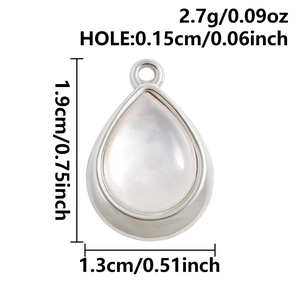 Detail of stainless steel teardrop pendant with white mother of pearl inlay and size info