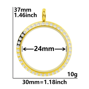 Detailed size chart for round gold photo locket pendant with crystal border dimensions