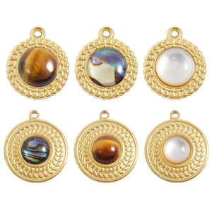 Round 304 Stainless Steel Pendant Natural Abalone Shell Tiger Eye Inlaid 18K Gold Plated DIY Jewelry Charms For Necklace