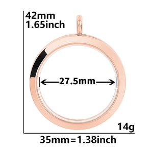 Detailed size chart of rose gold round stainless steel glass locket with dimensions